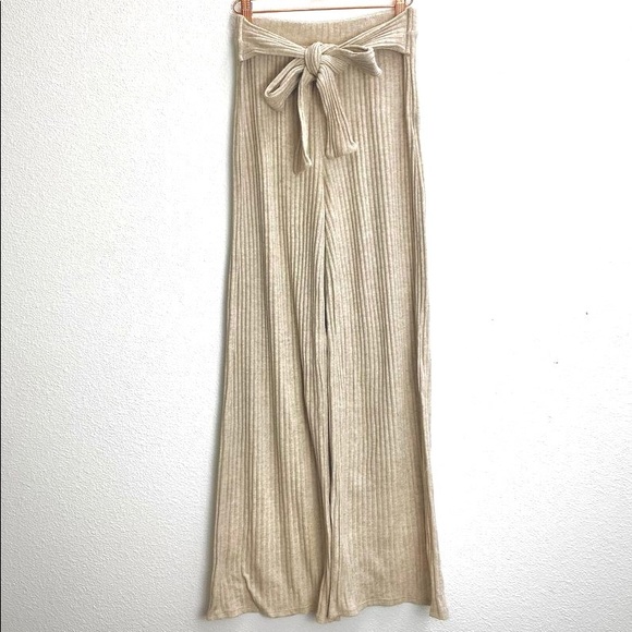 Knit ribbed wide leg oatmeal tan palazzo pants medium M L - Picture 2 of 4
